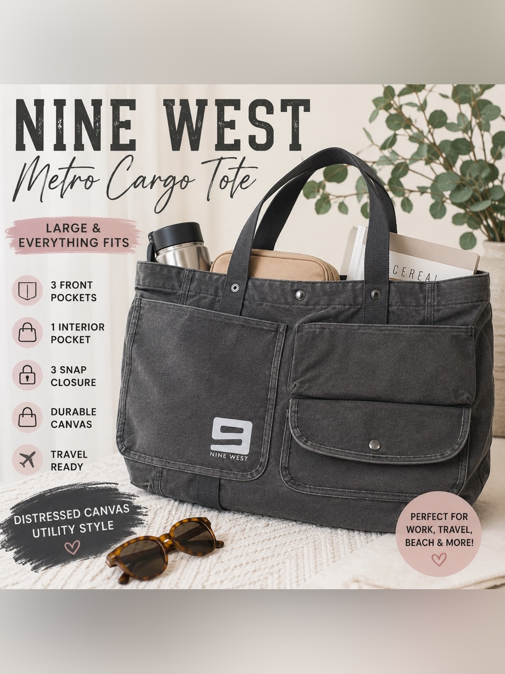 Nine West Metro Cargo Tote Bag Charcoal Canvas Utility Y2K Large Travel